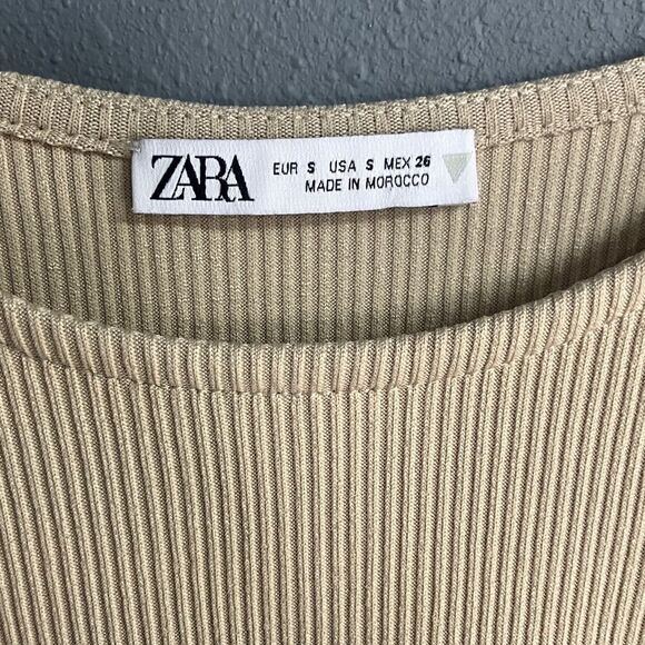 ZARA Tan High Neck Sleeveless Gathered Mini Bodycon Vacation Beach Dress Small # - Picture 2 of 5